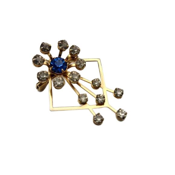 Art Deco Clear and Blue Crystal Spray Brooch, 2" Long - Picture 5 of 9